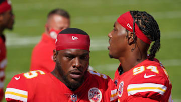 Oct 11, 2020; Kansas City, Missouri, USA; Kansas City Chiefs defensive end Frank Clark (55) and defensive end Taco Charlton (94) on the sidelines during the game against the Las Vegas Raiders at Arrowhead Stadium. Mandatory Credit: Denny Medley-USA TODAY Sports