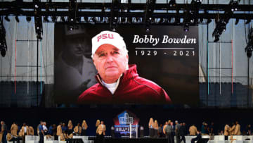 CANTON, OHIO - AUGUST 08: A view of a screen honoring Bobby Bowden during the NFL Hall of Fame Enshrinement Ceremony at Tom Benson Hall Of Fame Stadium on August 08, 2021 in Canton, Ohio. (Photo by Emilee Chinn/Getty Images)