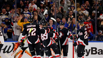 Jan 21, 2023; Buffalo, New York, USA; Buffalo Sabres left wing Jeff Skinner (53) celebrates his goal with teammates during the first period against the Anaheim Ducks at KeyBank Center. Mandatory Credit: Timothy T. Ludwig-USA TODAY Sports