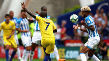HUDDERSFIELD, ENGLAND - AUGUST 11: N'golo Kante of Chelsea scores his team's first goal during the Premier League match between Huddersfield Town and Chelsea FC at John Smith's Stadium on August 11, 2018 in Huddersfield, United Kingdom. (Photo by Matthew Lewis/Getty Images)
