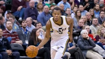 Feb 3, 2016; Salt Lake City, UT, USA; Utah Jazz guard Rodney Hood (5) dribbles the ball during the second half against the Denver Nuggets at Vivint Smart Home Arena. The Jazz won 85-81. Mandatory Credit: Russ Isabella-USA TODAY Sports