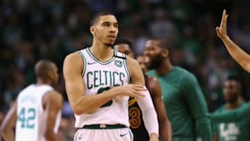 BOSTON, MA - MAY 27: Jayson Tatum #0 of the Boston Celtics reacts after making a basket in the first half against the Cleveland Cavaliers during Game Seven of the 2018 NBA Eastern Conference Finals at TD Garden on May 27, 2018 in Boston, Massachusetts. NOTE TO USER: User expressly acknowledges and agrees that, by downloading and or using this photograph, User is consenting to the terms and conditions of the Getty Images License Agreement. (Photo by Maddie Meyer/Getty Images)