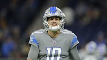 DETROIT, MI - NOVEMBER 28: David Blough #10 of the Detroit Lions warms up before a game against the Chicago Bears at Ford Field on November 28, 2019 in Detroit, Michigan. (Photo by Rey Del Rio/Getty Images)