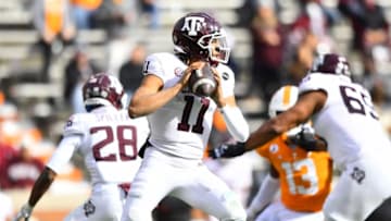 Dec 19, 2020; Knoxville, TN, USA; Texas A&M quarterback Kellen Mond (11) looks to pass during a game between Tennessee and Texas A&M in Neyland Stadium in Knoxville, Saturday, Dec. 19, 2020. Mandatory Credit: Brianna Paciorka-USA TODAY NETWORK