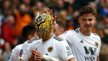 Wolverhampton Wanderers' Raul Jimenez celebrates scoring his sides second goal with a Maskduring The FA Emirates Cup Semi-Final match between Watford and Wolverhampton Wanderers at Wembley Stadium, London, United Kingdom on 07 Apr 2019. (Photo by Action Foto Sport/NurPhoto via Getty Images)