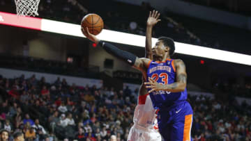 HOFFMAN ESTATES, IL - NOVEMBER 4: Trey Burke #23 of the Westchester Knicks goes to the basket against Jon Octeus #4 of the Windy City Bulls during the first half of an NBA G-League game on November 4, 2017 at the Sears Centre Arena in Hoffman Estates, Illinois. Copyright 2017 NBAE (Photo by Kamil Krzaczynski/NBAE via Getty Images)