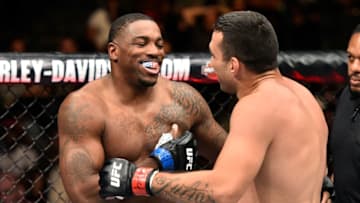 LAS VEGAS, NV - OCTOBER 07: (L-R) Walt Harris congratulates Fabricio Werdum of Brazil on his submission victory in their heavyweight bout during the UFC 216 event inside T-Mobile Arena on October 7, 2017 in Las Vegas, Nevada. (Photo by Jeff Bottari/Zuffa LLC/Zuffa LLC via Getty Images)