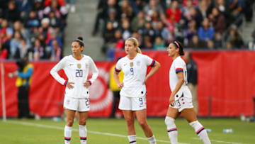 CARSON, CA - FEBRUARY 9: Christen Press #20 of the United States talks with Lindsey Horan #9 and Lynn Williams #13 during a game between Canada and USWNT at Dignity Health Sports Park on February 9, 2020 in Carson, California. (Photo by Michael Janosz/ISI Photos/Getty Images)