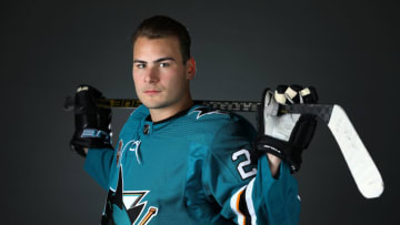 LAS VEGAS, NEVADA - FEBRUARY 04: Timo Meier #28 of the San Jose Sharks poses for a portrait before the 2022 NHL All-Star game at T-Mobile Arena on February 04, 2022 in Las Vegas, Nevada. (Photo by Christian Petersen/Getty Images)