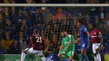 KINGSTON UPON THAMES, ENGLAND - AUGUST 28: Angelo Ogbonna of West Ham United scores his team's second goal during the Carabao Cup Second Round match between AFC Wimbledon and West Ham United at The Cherry Red Records Stadium on August 28, 2018 in Kingston upon Thames, England. (Photo by Catherine Ivill/Getty Images)