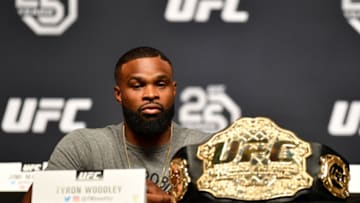 LOS ANGELES, CA - AUGUST 03: UFC welterweight champion Tyron Woodley interacts with the media during the UFC press conference inside the Orpheum Theater on August 3, 2018 in Los Angeles, California. (Photo by Jeff Bottari/Zuffa LLC/Zuffa LLC via Getty Images)