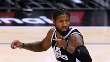 LOS ANGELES, CALIFORNIA - JANUARY 17: Paul George #13 of the LA Clippers reacts during a 129-96 Clippers win over the Indiana Pacers at Staples Center on January 17, 2021 in Los Angeles, California. (Photo by Harry How/Getty Images) NOTE TO USER: User expressly acknowledges and agrees that, by downloading and/or using this Photograph, user is consenting to the terms and conditions of the Getty Images License Agreement. Mandatory Copyright Notice: Copyright 2021 NBAE