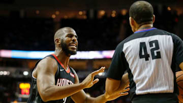 HOUSTON, TX - DECEMBER 17: Chris Paul #3 of the Houston Rockets reacts after a foul in the first half against the Utah Jazz at Toyota Center on December 17, 2018 in Houston, Texas. (Photo by Tim Warner/Getty Images)