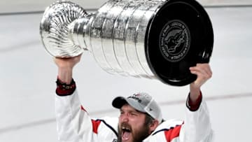 LAS VEGAS, NV - JUNE 07: Alex Ovechkin #8 of the Washington Capitals hoists the Stanley Cup after the team's 4-3 win over the Vegas Golden Knights in Game Five of the 2018 NHL Stanley Cup Final at T-Mobile Arena on June 7, 2018 in Las Vegas, Nevada. (Photo by David Becker/NHLI via Getty Images)