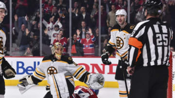 MONTREAL, QC - NOVEMBER 05: Goaltneder Tuukka Rask #40 of the Boston Bruins shows his frustration towards referee Marc Joannette #25 after a goal against the Montreal Canadiens during the second period at the Bell Centre on November 5, 2019 in Montreal, Canada. (Photo by Minas Panagiotakis/Getty Images)
