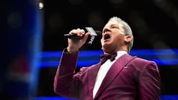 LAS VEGAS, NV - JULY 08: Bruce Buffer introduces Cody Stamann in his featherweight bout during the UFC 213 event at T-Mobile Arena on July 8, 2017 in Las Vegas, Nevada. (Photo by Jeff Bottari/Zuffa LLC/Zuffa LLC via Getty Images)