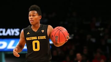 Nov 23, 2015; Brooklyn , NY, USA; Arizona State Sun Devils guard Tra Holder (0) advances the ball during the second half against the North Carolina State Wolfpack at Barclays Center. Arizona State Sun Devils won 79-76. Mandatory Credit: Anthony Gruppuso-USA TODAY Sports