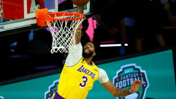 LAKE BUENA VISTA, FLORIDA - AUGUST 05: Anthony Davis #3 of the Los Angeles Lakers dunks the ball against the Oklahoma City Thunder during the first quarter at HP Field House at ESPN Wide World Of Sports Complex on August 05, 2020 in Lake Buena Vista, Florida. NOTE TO USER: User expressly acknowledges and agrees that, by downloading and or using this photograph, User is consenting to the terms and conditions of the Getty Images License Agreement. (Photo by Kevin C. Cox/Getty Images)