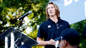 CLEMSON, SOUTH CAROLINA - JUNE 13: Clemson University quarterback Trevor Lawrence addresses the crowd following the "March for Change" protest at Bowman Field on June 13, 2020 in Clemson, South Carolina. The protests were in response to the death of George Floyd, an African American, while in the custody of the Minneapolis police. Protests calling for an end to police brutality have spread across cities in the U.S., and in other parts of the world. (Photo by Maddie Meyer/Getty Images)