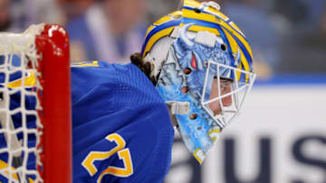 Nov 10, 2023; Buffalo, New York, USA; Buffalo Sabres goaltender Devon Levi (27) during the third period against the Minnesota Wild at KeyBank Center. Mandatory Credit: Timothy T. Ludwig-USA TODAY Sports