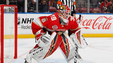 SUNRISE, FL - OCTOBER 20: Goaltender Michael Hutchinson #39 of the Florida Panthers defends the net against the Detroit Red Wings at the BB&T Center on October 20, 2018 in Sunrise, Florida. The Red Wings defeated the Panthers 4-3 in overtime. (Photo by Joel Auerbach/Getty Images)