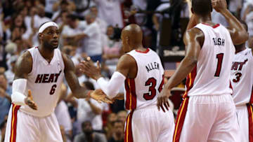 James #6 of the Miami Heat celebrates with his teammates after a basket against the Indiana Pacers during Game Three of the Eastern Conference Finals of the 2014 NBA Playoffs(Photo by Mike Ehrmann/Getty Images)