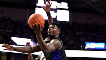WINSTON-SALEM, NC - JANUARY 08: Zion Williamson #1 of the Duke Blue Devils puts up a shot against Chaundee Brown #23 of the Wake Forest Demon Deacons in the second half at LJVM Coliseum Complex on January 8, 2019 in Winston-Salem, North Carolina. Duke won 87-65. (Photo by Lance King/Getty Images)