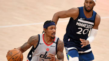WASHINGTON, DC - FEBRUARY 27: Bradley Beal #3 of the Washington Wizards dribbles in front of Josh Okogie #20 of the Minnesota Timberwolves during the second half at Capital One Arena on February 27, 2021 in Washington, DC. NOTE TO USER: User expressly acknowledges and agrees that, by downloading and or using this photograph, User is consenting to the terms and conditions of the Getty Images License Agreement. (Photo by Will Newton/Getty Images)
