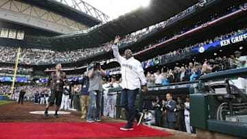 Apr 8, 2016; Seattle, WA, USA; Seattle Mariners former outfielder Ken Griffey, Jr. is introduced during a pre game ceremony honoring his selection to the baseball hall of fame before a game against the Oakland Athletics at Safeco Field. Mandatory Credit: Joe Nicholson-USA TODAY Sports