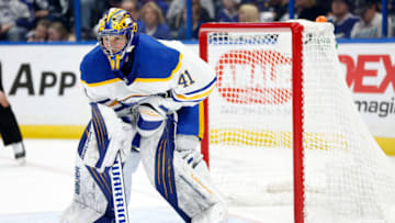 Apr 10, 2022; Tampa, Florida, USA; Buffalo Sabres goaltender Craig Anderson (41) looks on against the Tampa Bay Lightning during the third period at Amalie Arena. Mandatory Credit: Kim Klement-USA TODAY Sports