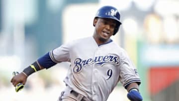 Jun 7, 2014; Pittsburgh, PA, USA; Milwaukee Brewers shortstop Jean Segura (9) runs the bases on his way to scoring against the Pittsburgh Pirates during the eighth inning at PNC Park. The Brewers won 9-3. Mandatory Credit: Charles LeClaire-USA TODAY Sports