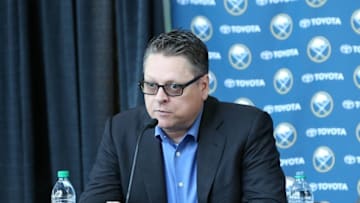 May 28, 2015; Buffalo, NY, USA; Buffalo Sabres general manager Tim Murray speaks to the media at a press conference introducing head coach Dan Bylsma at the First Niagara Center. Mandatory Credit: Kevin Hoffman-USA TODAY Sports