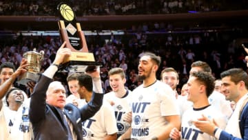 NEW YORK, NY - MARCH 29: Head coach Pat Chambers of the Penn State Nittany Lions celebrates with his team after defeating the Utah Utes 82-66 during the 2018 NIT Championship game at Madison Square Garden on March 29, 2018 in New York City. (Photo by Abbie Parr/Getty Images)
