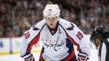 Feb 11, 2016; Saint Paul, MN, USA; Washington Capitals forward Nicklas Backstrom (19) looks on against the Minnesota Wild at Xcel Energy Center. The Capitals defeated the Wild 4-3. Mandatory Credit: Brace Hemmelgarn-USA TODAY Sports