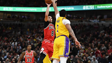 CHICAGO, ILLINOIS - NOVEMBER 05: Zach LaVine #8 of the Chicago Bulls shoots over Anthony Davis #3 of the Los Angeles Lakers during the second half of a game at United Center on November 05, 2019 in Chicago, Illinois. NOTE TO USER: User expressly acknowledges and agrees that, by downloading and or using this photograph, User is consenting to the terms and conditions of the Getty Images License Agreement. (Photo by Stacy Revere/Getty Images)