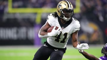MINNEAPOLIS, MN - JANUARY 14: Alvin Kamara #41 of the New Orleans Saints carries the ball in the second quarter of the NFC Divisional Playoff game against the Minnesota Viking on January 14, 2018 at U.S. Bank Stadium in Minneapolis, Minnesota. (Photo by Adam Bettcher/Getty Images)