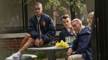 Jordan Alexander, Thomas Doherty, Evan Mock, Emily Alyn Lind in Gossip Girl Season 1, Episode 1 - Photograph by Karolina Wojtasik/HBO Max