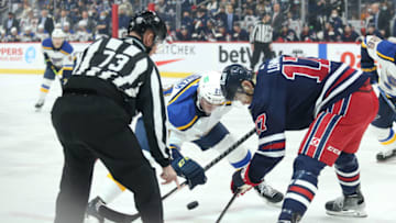 St. Louis Blues, Tyler Bozak (21); Winnipeg Jets, Adam Lowry (17). Mandatory Credit: Terrence Lee-USA TODAY Sports