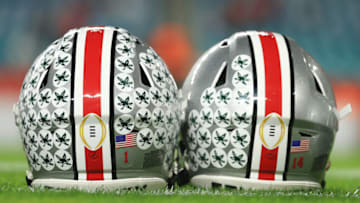 MIAMI GARDENS, FLORIDA - JANUARY 11: Ohio State Buckeyes helmets are seen prior to the College Football Playoff National Championship game between the Ohio State Buckeyes and the Alabama Crimson Tide at Hard Rock Stadium on January 11, 2021 in Miami Gardens, Florida. (Photo by Mike Ehrmann/Getty Images)