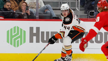 Jan 31, 2022; Detroit, Michigan, USA; Anaheim Ducks left wing Max Comtois. Mandatory Credit: Rick Osentoski-USA TODAY Sports