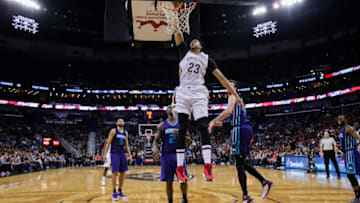 January 15, 2016: New Orleans Pelicans forward Anthony Davis (23) dunks then ball against Charlotte Hornets forward Marvin Williams (2) during the NBA game between the Charlotte Hornets and the New Orleans Pelicans at the Smoothie King Center in New Orleans, LA. New Orleans Pelicans defeat Charlotte Hornets 109-107. (Photograph by Stephen Lew/Icon Sportswire) (Photo by Stephen Lew/Icon Sportswire/Corbis via Getty Images)