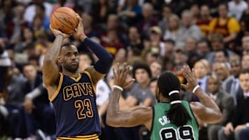 Feb 5, 2016; Cleveland, OH, USA; Cleveland Cavaliers forward LeBron James (23) and Boston Celtics forward Jae Crowder (99) during the second quarter at Quicken Loans Arena. Mandatory Credit: Ken Blaze-USA TODAY Sports