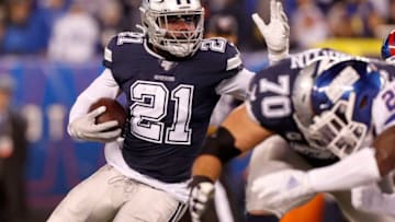EAST RUTHERFORD, NEW JERSEY - NOVEMBER 04: (NEW YORK DAILIES OUT) Ezekiel Elliott #21 of the Dallas Cowboys in action against the New York Giants at MetLife Stadium on November 04, 2019 in East Rutherford, New Jersey. The Cowboys defeated the Giants 37-18. (Photo by Jim McIsaac/Getty Images)