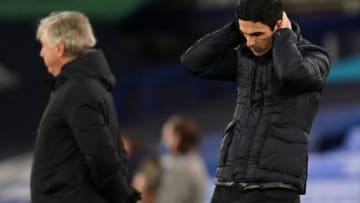 Arsenal's Spanish manager Mikel Arteta reacts during the English Premier League football match between Everton and Arsenal at Goodison Park in Liverpool, north west England on December 19, 2020. (Photo by Jon Super / POOL / AFP) / RESTRICTED TO EDITORIAL USE. No use with unauthorized audio, video, data, fixture lists, club/league logos or 'live' services. Online in-match use limited to 120 images. An additional 40 images may be used in extra time. No video emulation. Social media in-match use limited to 120 images. An additional 40 images may be used in extra time. No use in betting publications, games or single club/league/player publications. / (Photo by JON SUPER/POOL/AFP via Getty Images)