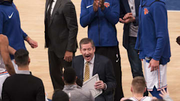 NEW YORK, NY - NOVEMBER 27: Head coach Jeff Hornacek of the New York Knicks talks to his team during a timeout in the game against the Portland Trail Blazers at Madison Square Garden on November 27, 2017 in New York City. (Photo by Matteo Marchi/Getty Images)