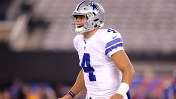Dec 11, 2016; East Rutherford, NJ, USA; Dallas Cowboys quarterback Dak Prescott (4) takes the field for warmups before a game against the New York Giants at MetLife Stadium. Mandatory Credit: Brad Penner-USA TODAY Sports