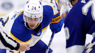 TAMPA, FLORIDA - NOVEMBER 05: Dylan Cozens #24 of the Buffalo Sabres faces off during a game against the Tampa Bay Lightning at Amalie Arena on November 05, 2022 in Tampa, Florida. (Photo by Mike Ehrmann/Getty Images)
