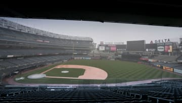 Jul 8, 2020; Bronx, New York, United States; A general view of the Yankee Stadium during a rain storm during summer workouts at Yankee Stadium. Mandatory Credit: Vincent Carchietta-USA TODAY Sports