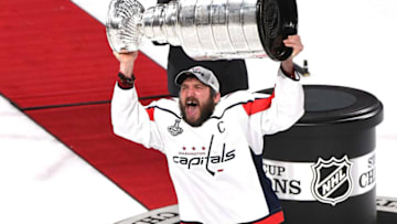 LAS VEGAS, NV - JUNE 07: Alex Ovechkin #8 of the Washington Capitals hoists the Stanley Cup after his team defeated the Vegas Golden Knights 4-3 in Game Five of the 2018 NHL Stanley Cup Final at T-Mobile Arena on June 7, 2018 in Las Vegas, Nevada. (Photo by Ethan Miller/Getty Images)