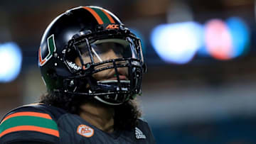 MIAMI GARDENS, FL - NOVEMBER 04: Romeo Finley #30 of the Miami Hurricanes warms up during a game against the Virginia Tech Hokies at Hard Rock Stadium on November 4, 2017 in Miami Gardens, Florida. (Photo by Mike Ehrmann/Getty Images)